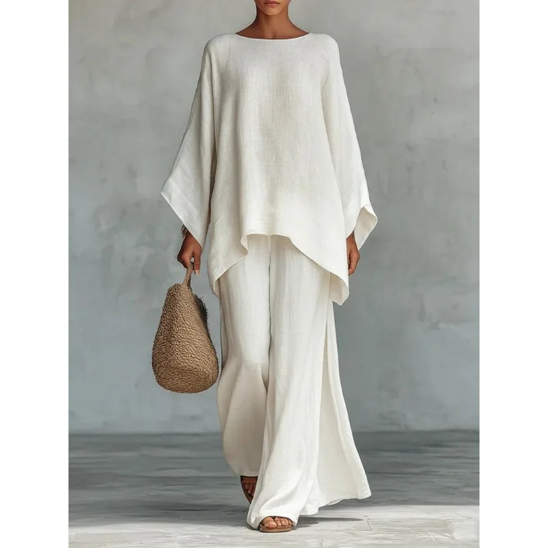 Women's Summer 2-Piece Set Elegant Long Sleeve Top with Casual Wide Leg Pants Fashionable Beach Vacation Outfit