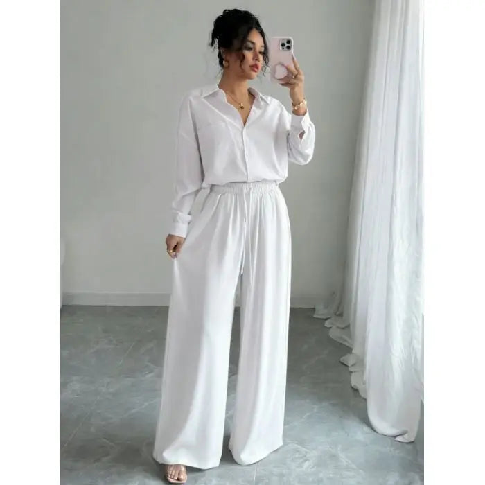 Spring New plus Size Women's Home Clothes Set Loose Long Sleeve Shirt High Waist Wide Leg Pants Two-Piece Pure Color Outfit