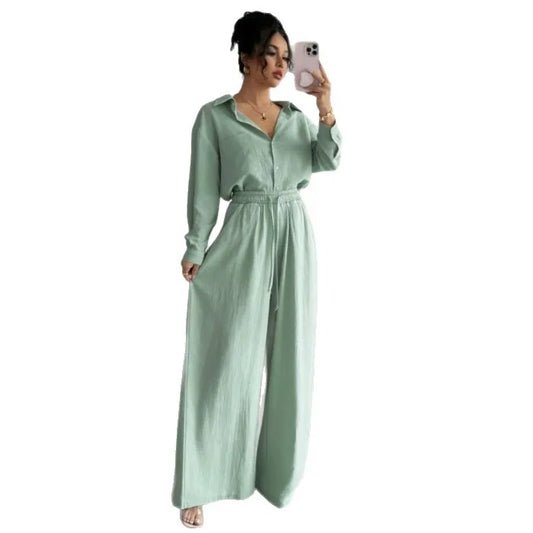 Spring New plus Size Women's Home Clothes Set Loose Long Sleeve Shirt High Waist Wide Leg Pants Two-Piece Pure Color Outfit