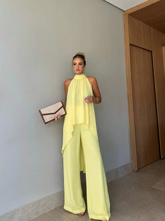 Ladies Elegant Chiffon Solid Color Semi-Transparent Top Bottoms Set Fashionable Translucent Outfit for Women