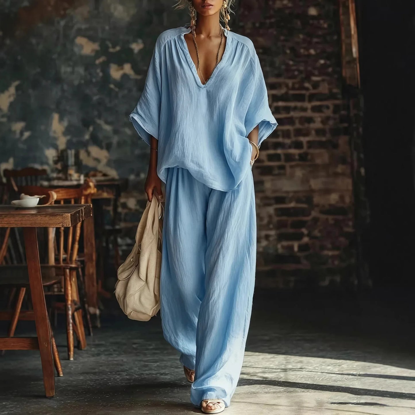 2026 Women's Fashion Casual Solid Color V-Neck Loose Short-Sleeve Casual Long Pants Two-Piece Set Women's Clothing