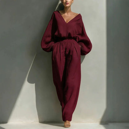 2026 Women's Shirt and Pants Two-Piece Long-Sleeve Loose Fashion Neutral Retro Cotton Hemp Set