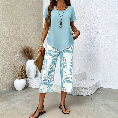 2Pcs Women Summer Casual Set, Smooth Soft Leaf Print Pants & Asymmetrical Top, Breathable Loungewear for Daily