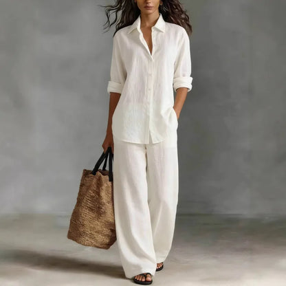 Spring Autumn Loose Cotton Linen Wide Leg Trousers Female Office 2piece Set