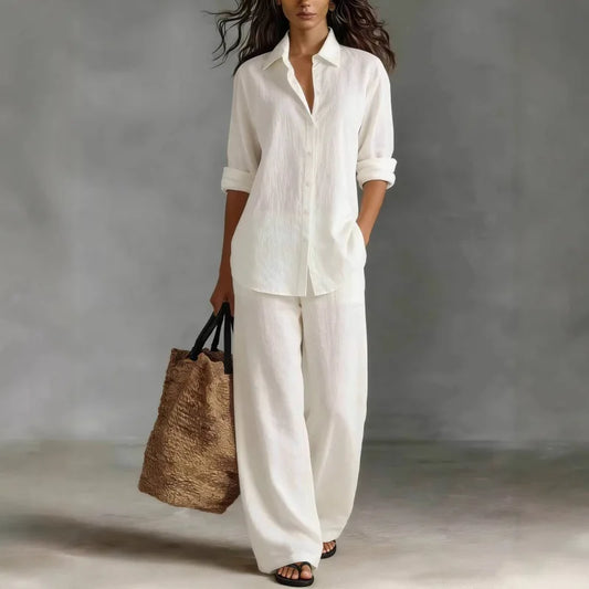 Spring Autumn Loose Cotton Linen Wide Leg Trousers Female Office 2piece Set
