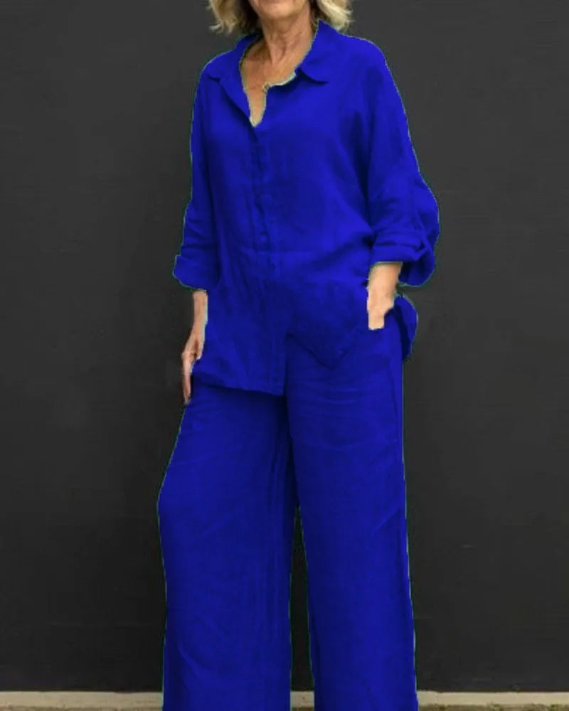 Spring and summer cotton linen suit women's lapel long sleeve loose shirt high waist wide leg pants casual two-piece suit