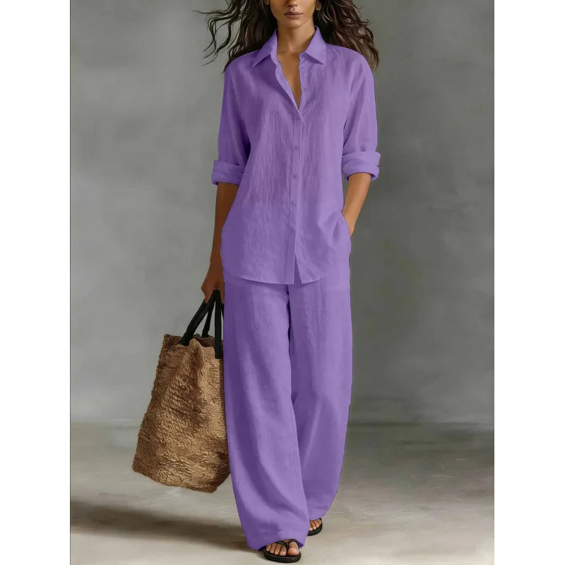 Spring Autumn Loose Cotton Linen Wide Leg Trousers Female Office 2piece Set