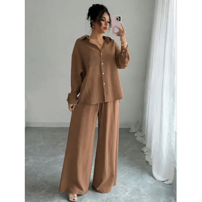 Spring New plus Size Women's Home Clothes Set Loose Long Sleeve Shirt High Waist Wide Leg Pants Two-Piece Pure Color Outfit