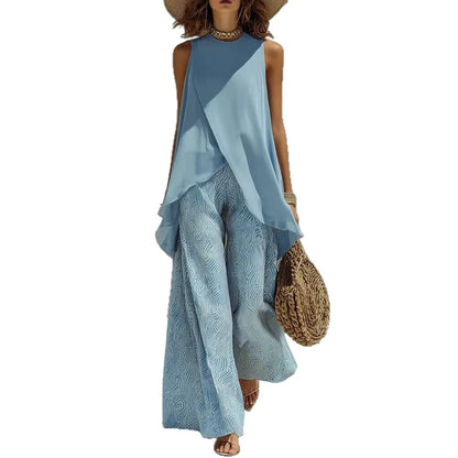 2026 Elegant Summer Women's Two Pieces Suit Full Trouser Set Female Outfit Clothes
