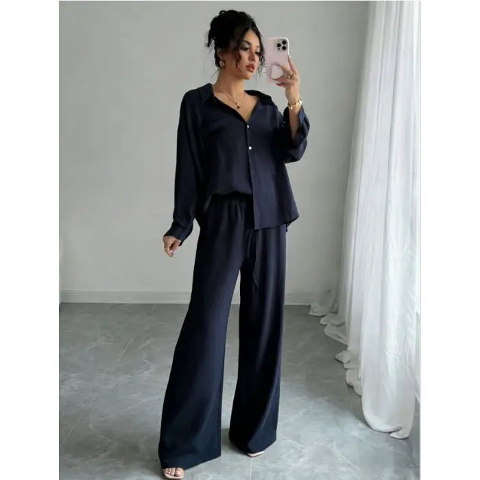 Spring New plus Size Women's Home Clothes Set Loose Long Sleeve Shirt High Waist Wide Leg Pants Two-Piece Pure Color Outfit