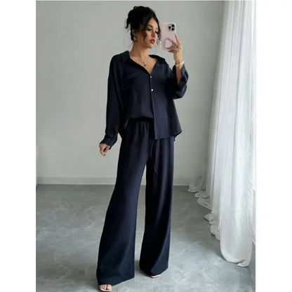 Spring New plus Size Women's Home Clothes Set Loose Long Sleeve Shirt High Waist Wide Leg Pants Two-Piece Pure Color Outfit