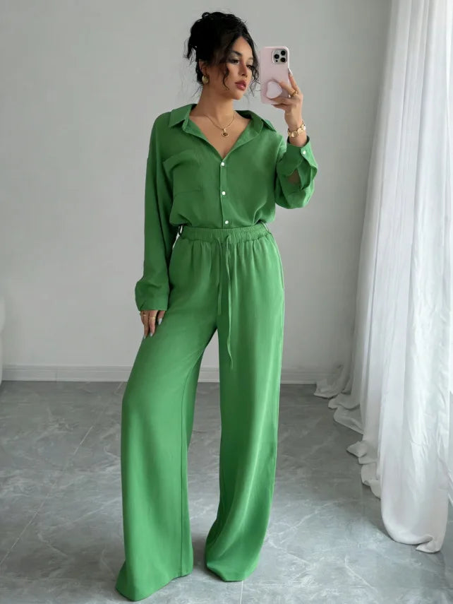 Spring New plus Size Women's Home Clothes Set Loose Long Sleeve Shirt High Waist Wide Leg Pants Two-Piece Pure Color Outfit
