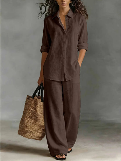 Spring Autumn Loose Cotton Linen Wide Leg Trousers Female Office 2piece Set