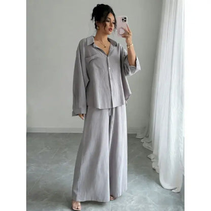 Spring New plus Size Women's Home Clothes Set Loose Long Sleeve Shirt High Waist Wide Leg Pants Two-Piece Pure Color Outfit