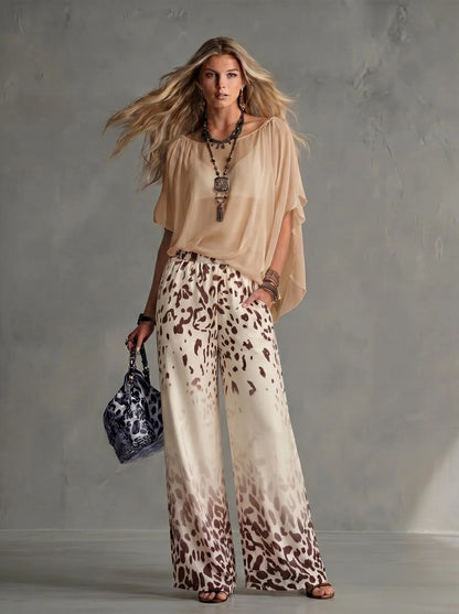 Women Fashion 2-Piece Outfit Flowy Batwing Sleeves Chiffon Blouse Gradient Leopard Print Wide Leg Pants Casual Summer Co-Ord Set