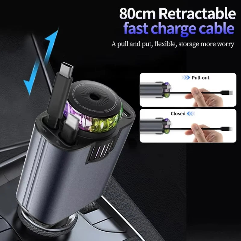 5-In-1 Car Aromatherapy Essential Oil Diffuser Starry Light 45W Retractable Phone Charger with IOS Type C PD30W Cable For IPhone