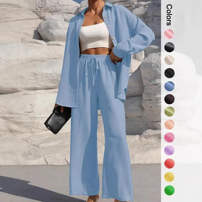 Spring Summer Women Matching Sets Shirts Blouses Solid Color Long Cardigan Pants Trousers Outfits Suits Tracksuits Casual