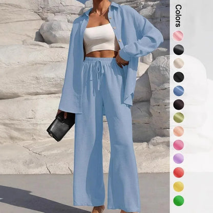 Spring Summer Women Matching Sets Shirts Blouses Solid Color Long Cardigan Pants Trousers Outfits Suits Tracksuits Casual