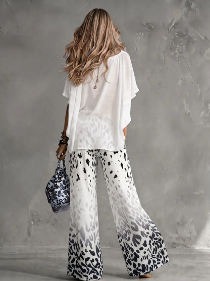 Women Fashion 2-Piece Outfit Flowy Batwing Sleeves Chiffon Blouse Gradient Leopard Print Wide Leg Pants Casual Summer Co-Ord Set