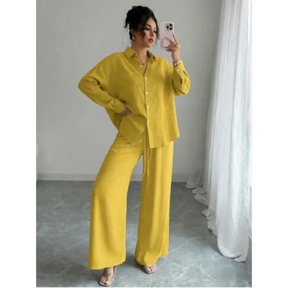 Spring New plus Size Women's Home Clothes Set Loose Long Sleeve Shirt High Waist Wide Leg Pants Two-Piece Pure Color Outfit