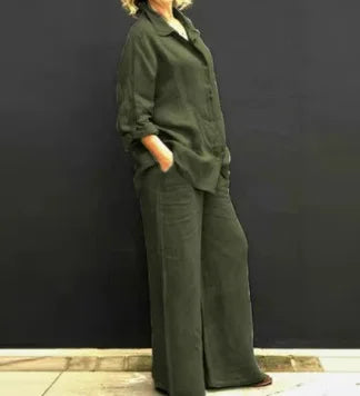 Spring and summer cotton linen suit women's lapel long sleeve loose shirt high waist wide leg pants casual two-piece suit
