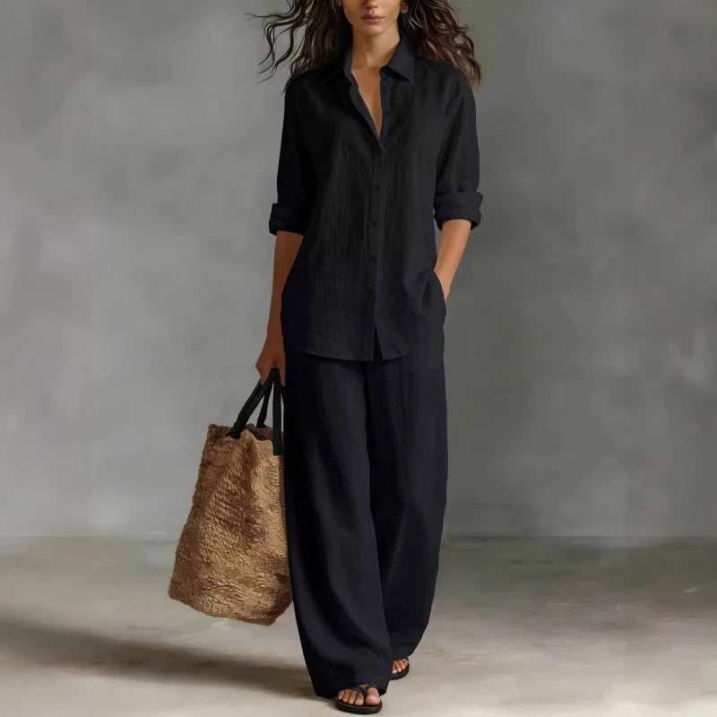 Spring Autumn Loose Cotton Linen Wide Leg Trousers Female Office 2piece Set