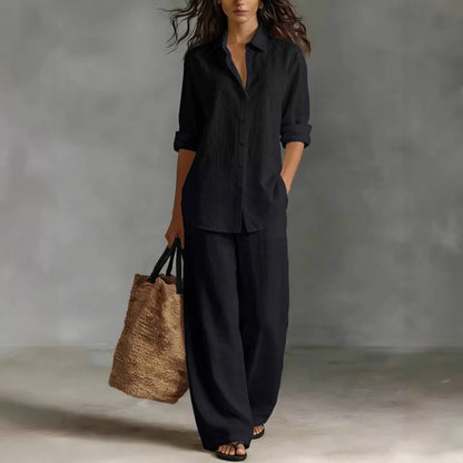 Spring Autumn Loose Cotton Linen Wide Leg Trousers Female Office 2piece Set