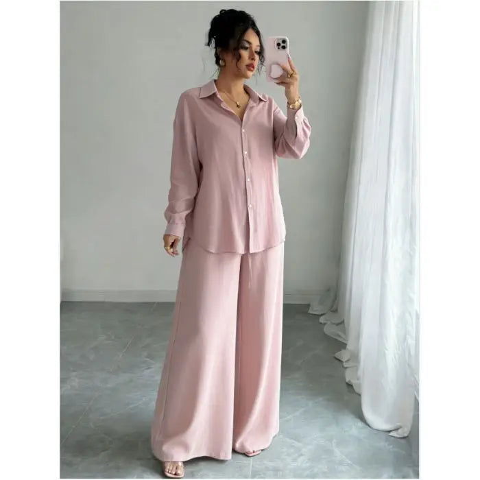 Spring New plus Size Women's Home Clothes Set Loose Long Sleeve Shirt High Waist Wide Leg Pants Two-Piece Pure Color Outfit