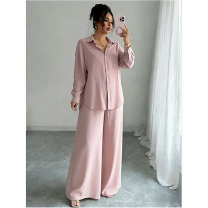Spring New plus Size Women's Home Clothes Set Loose Long Sleeve Shirt High Waist Wide Leg Pants Two-Piece Pure Color Outfit