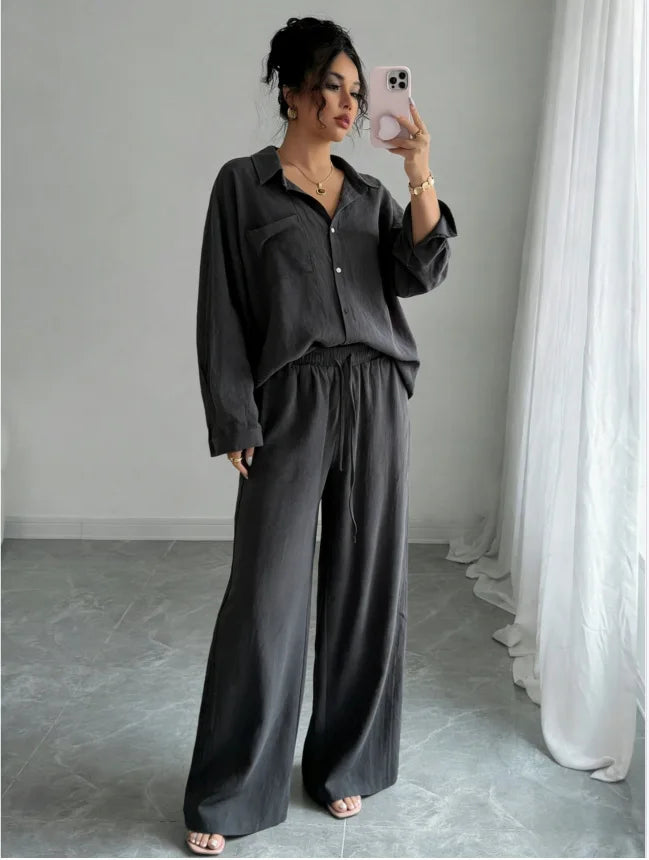 Spring New plus Size Women's Home Clothes Set Loose Long Sleeve Shirt High Waist Wide Leg Pants Two-Piece Pure Color Outfit