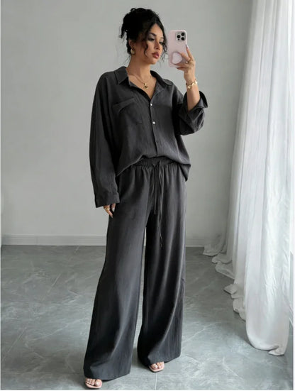 Spring New plus Size Women's Home Clothes Set Loose Long Sleeve Shirt High Waist Wide Leg Pants Two-Piece Pure Color Outfit