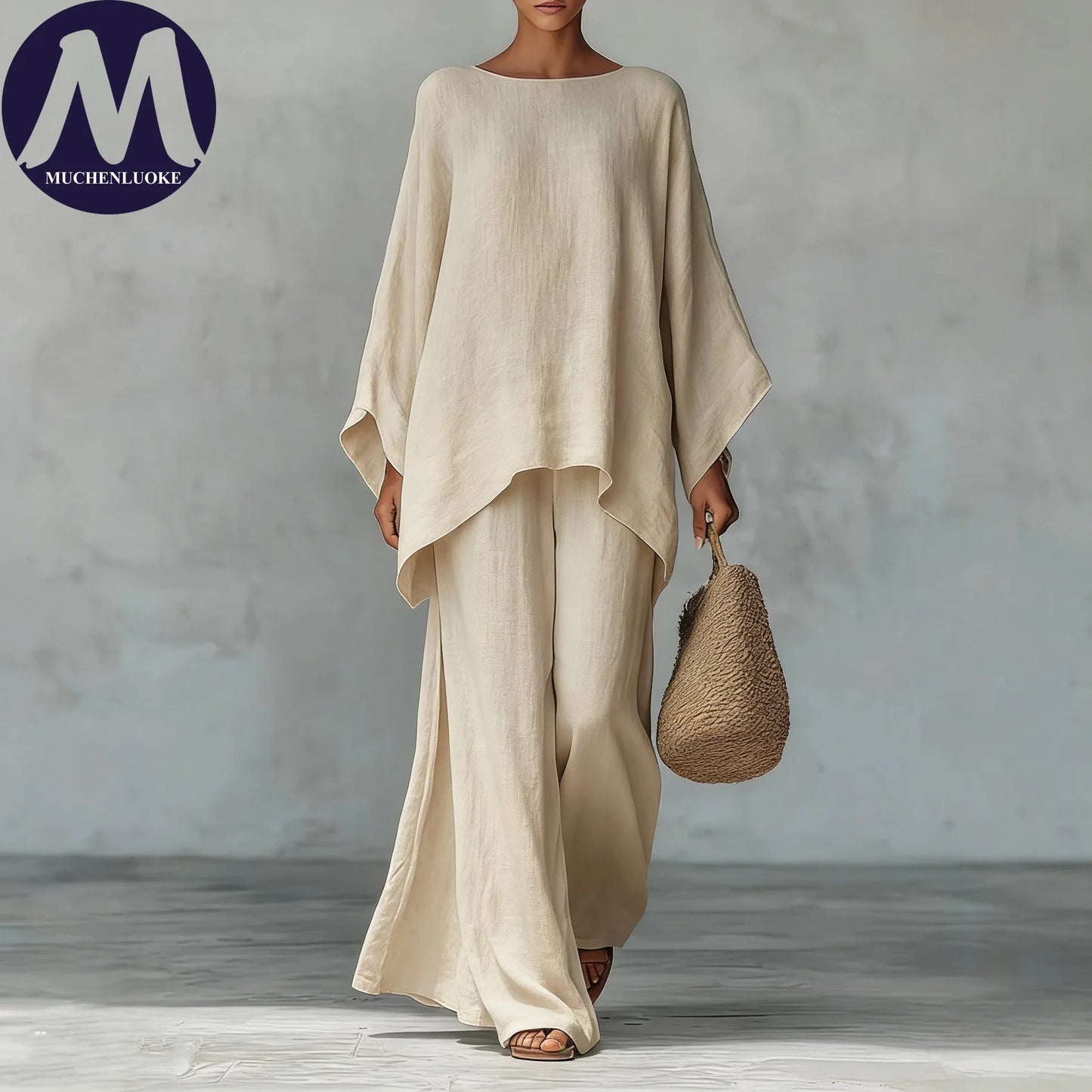 Women's Summer 2-Piece Set Elegant Long Sleeve Top with Casual Wide Leg Pants Fashionable Beach Vacation Outfit
