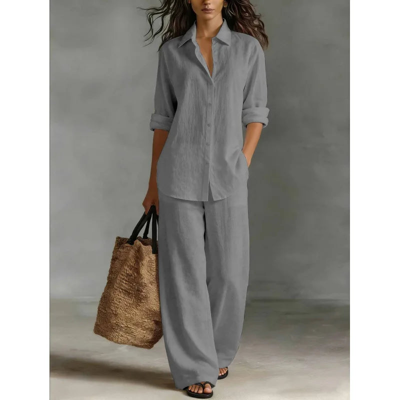 Spring Autumn Loose Cotton Linen Wide Leg Trousers Female Office 2piece Set