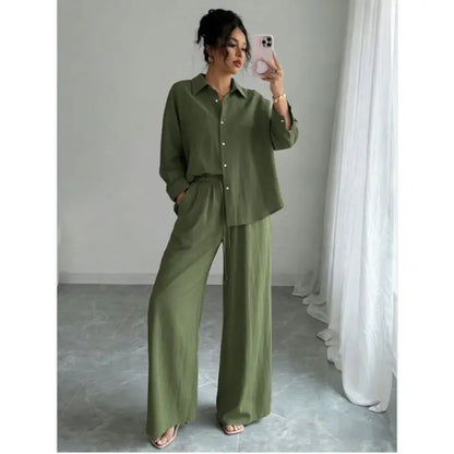 Spring New plus Size Women's Home Clothes Set Loose Long Sleeve Shirt High Waist Wide Leg Pants Two-Piece Pure Color Outfit