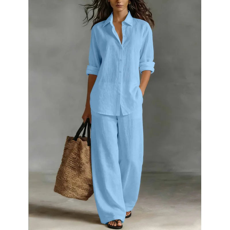 Spring Autumn Loose Cotton Linen Wide Leg Trousers Female Office 2piece Set