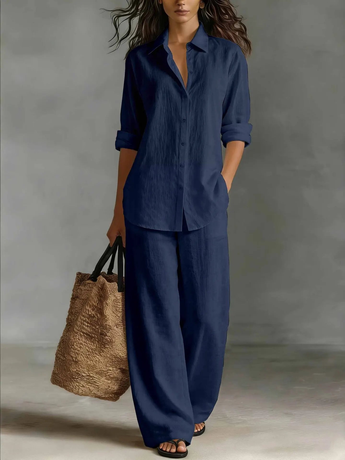 Spring Autumn Loose Cotton Linen Wide Leg Trousers Female Office 2piece Set