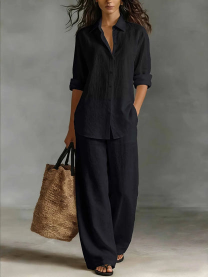 Spring Autumn Loose Cotton Linen Wide Leg Trousers Female Office 2piece Set