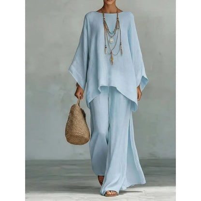 Women's Summer 2-Piece Set Elegant Long Sleeve Top with Casual Wide Leg Pants Fashionable Beach Vacation Outfit