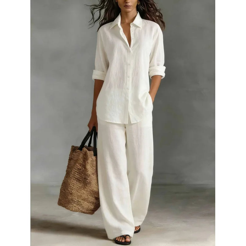 Spring Autumn Loose Cotton Linen Wide Leg Trousers Female Office 2piece Set