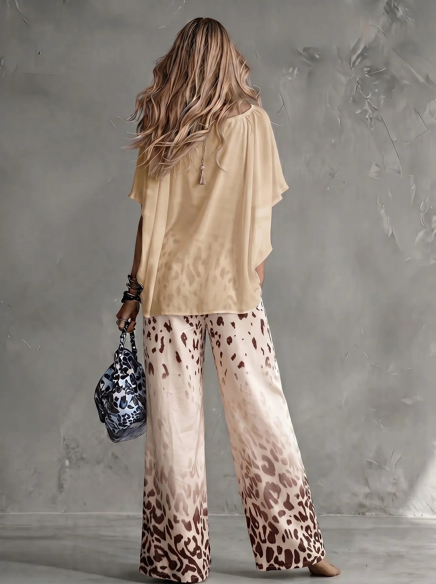 Women Fashion 2-Piece Outfit Flowy Batwing Sleeves Chiffon Blouse Gradient Leopard Print Wide Leg Pants Casual Summer Co-Ord Set