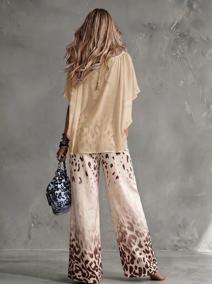 Women Fashion 2-Piece Outfit Flowy Batwing Sleeves Chiffon Blouse Gradient Leopard Print Wide Leg Pants Casual Summer Co-Ord Set