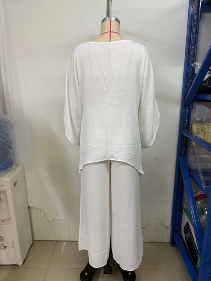 Women's Summer 2-Piece Set Elegant Long Sleeve Top with Casual Wide Leg Pants Fashionable Beach Vacation Outfit
