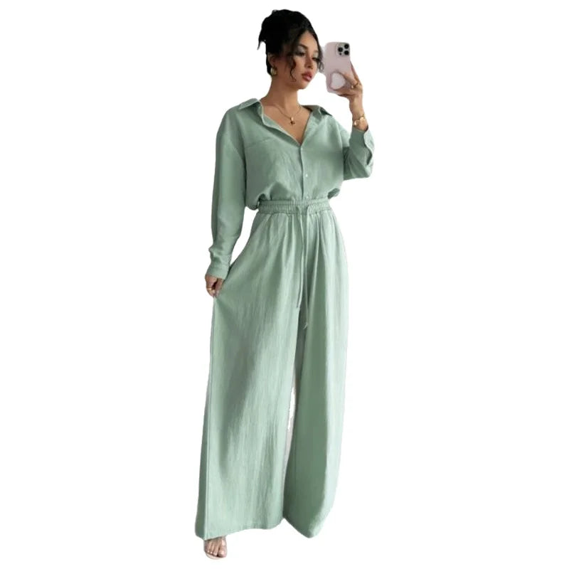Spring New plus Size Women's Home Clothes Set Loose Long Sleeve Shirt High Waist Wide Leg Pants Two-Piece Pure Color Outfit
