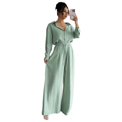 Spring New plus Size Women's Home Clothes Set Loose Long Sleeve Shirt High Waist Wide Leg Pants Two-Piece Pure Color Outfit