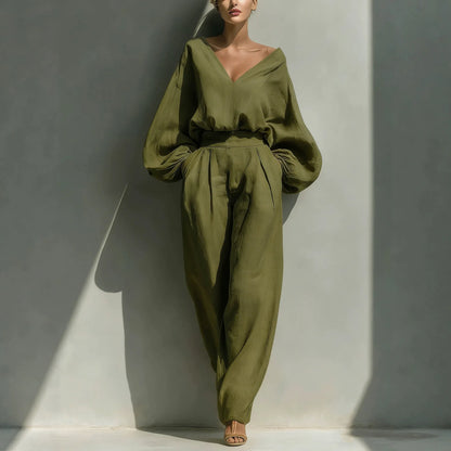 2026 Women's Shirt and Pants Two-Piece Long-Sleeve Loose Fashion Neutral Retro Cotton Hemp Set