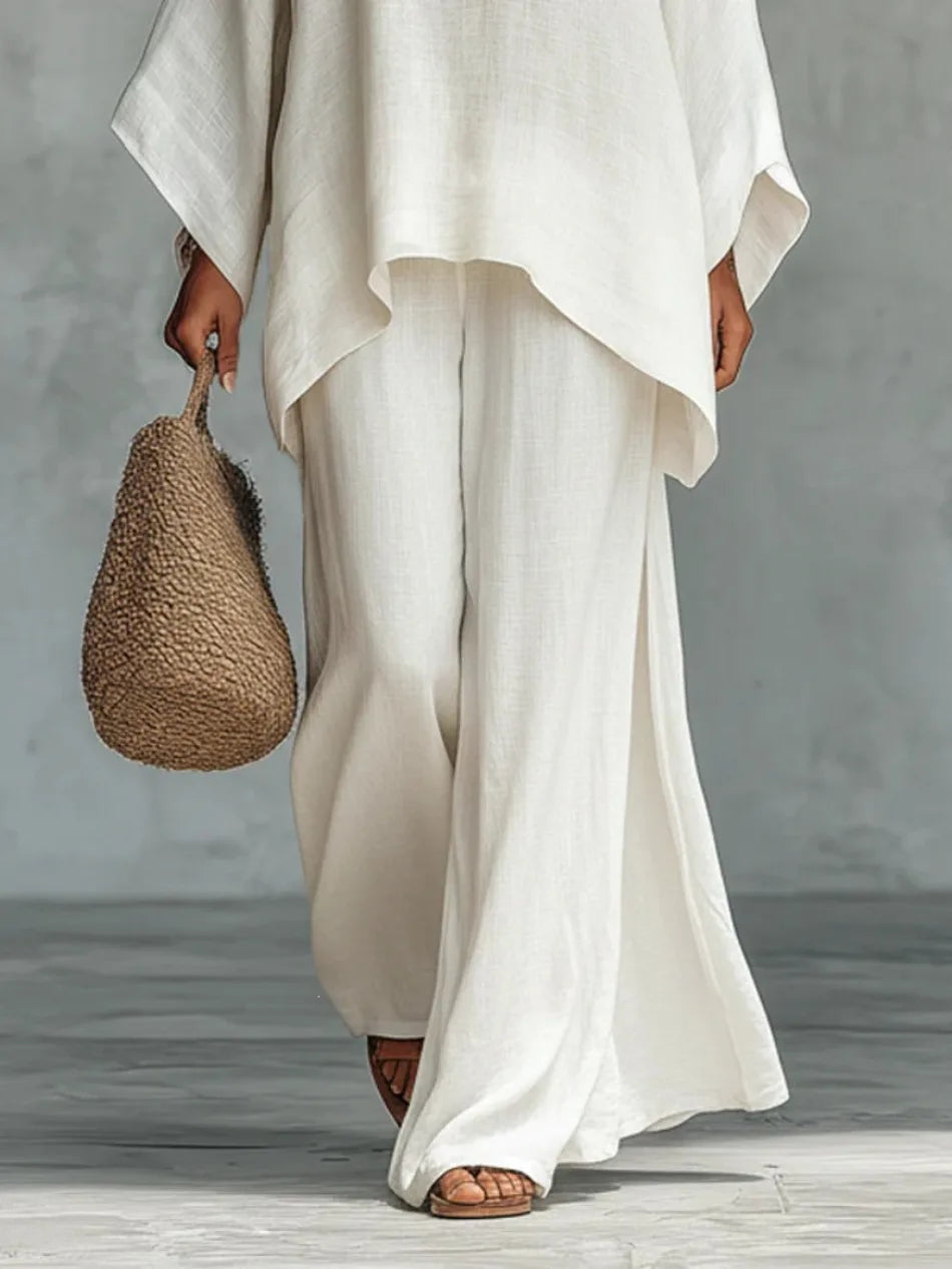 Women's Summer 2-Piece Set Elegant Long Sleeve Top with Casual Wide Leg Pants Fashionable Beach Vacation Outfit