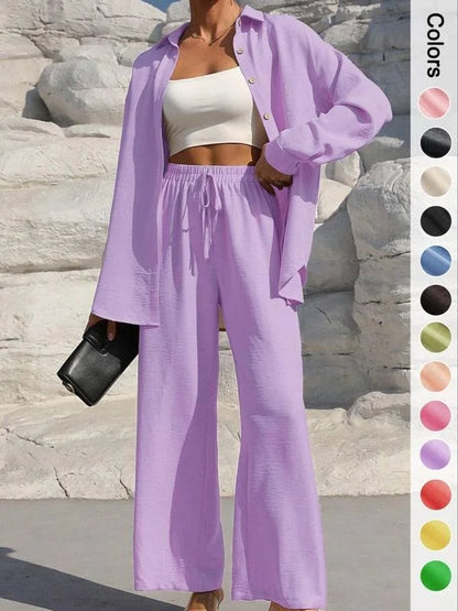 Spring Summer Women Matching Sets Shirts Blouses Solid Color Long Cardigan Pants Trousers Outfits Suits Tracksuits Casual