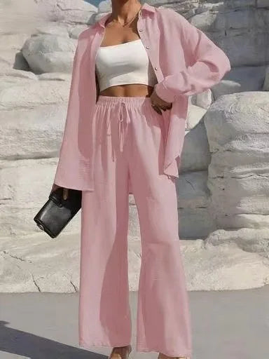 Spring Summer Women Matching Sets Shirts Blouses Solid Color Long Cardigan Pants Trousers Outfits Suits Tracksuits Casual
