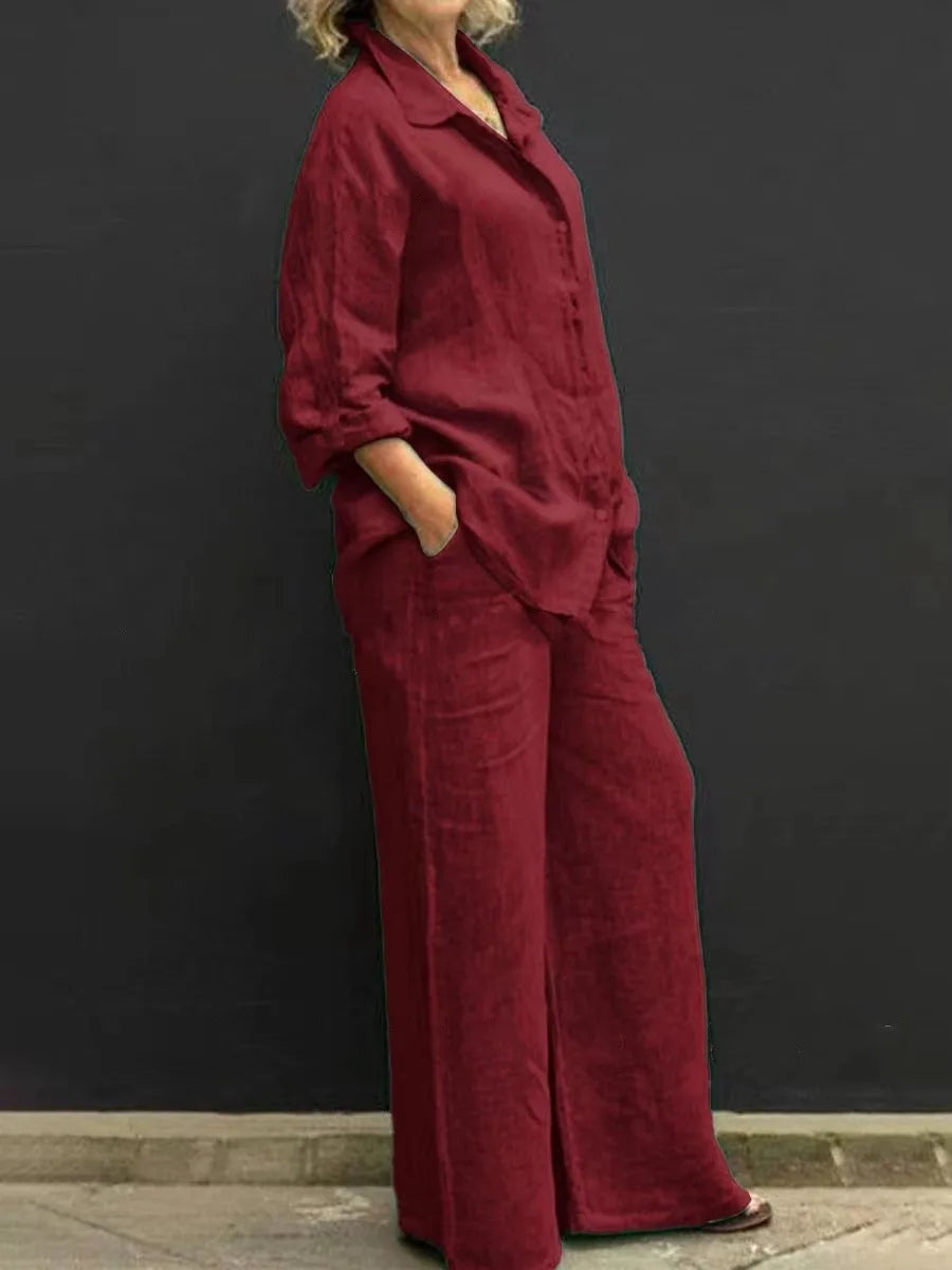Spring and summer cotton linen suit women's lapel long sleeve loose shirt high waist wide leg pants casual two-piece suit