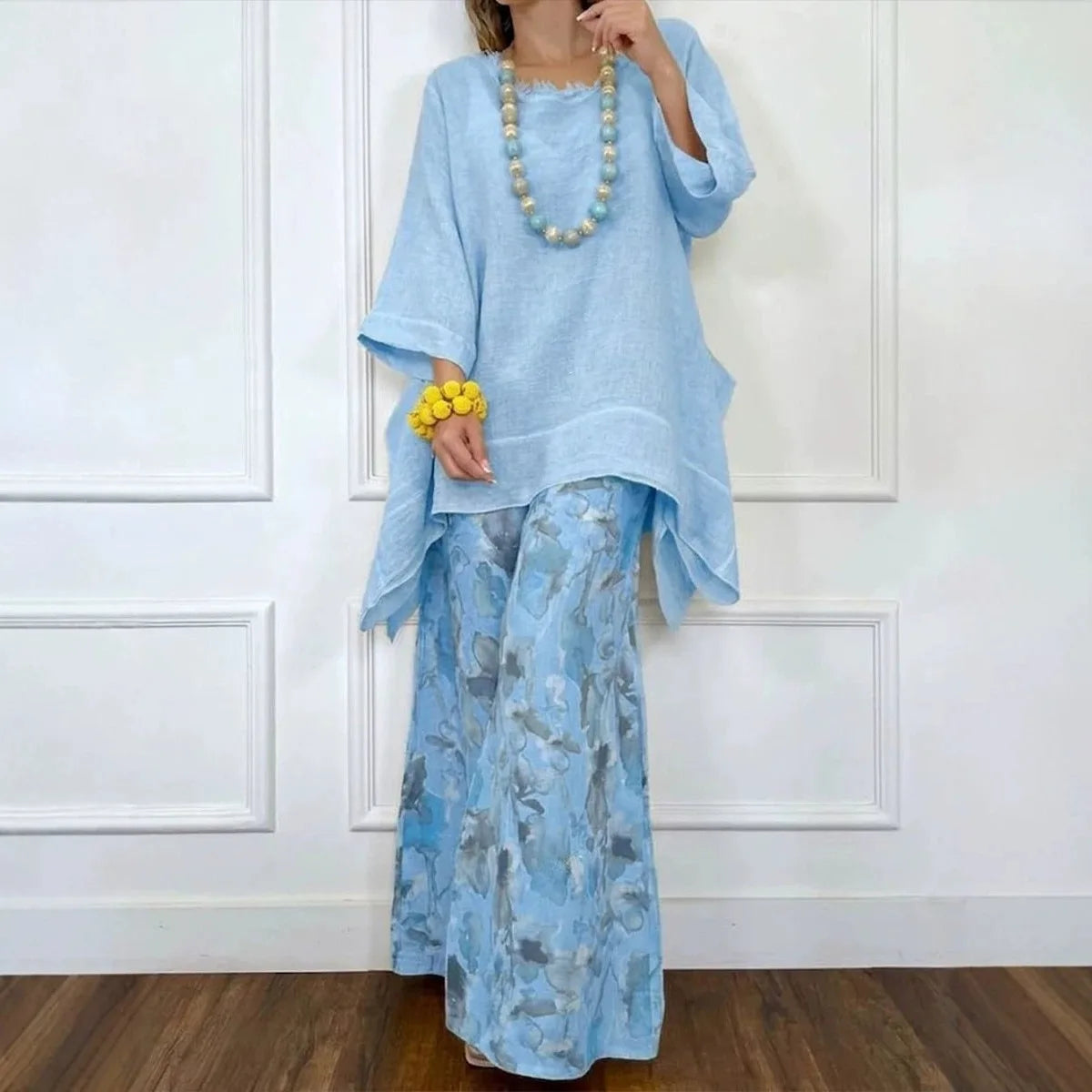 2026 New Fashion Best-selling Women's Casual Hemp Blend Asymmetrical Loose Top Wide-leg Pants Set